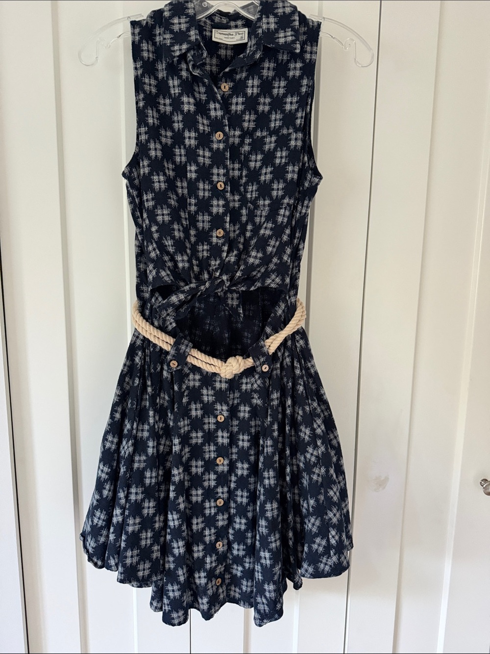 Samantha Pleet Kimono Navy and White Ikat Sleeveless Button Dress with Rope Belt